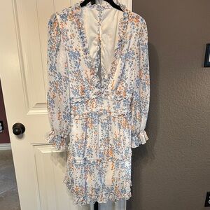 Blue Ruffled Wrap Dress with Long Bishop Sleeves